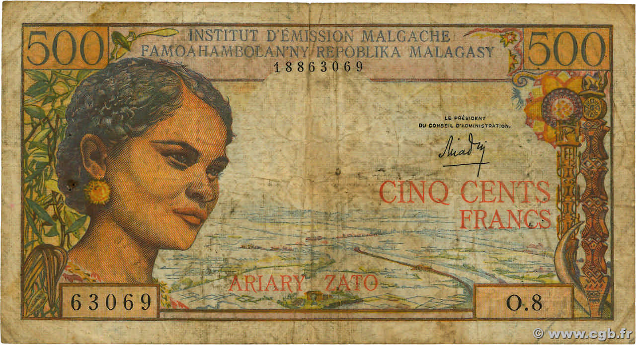 500 Francs - 100 Ariary MADAGASCAR  1964 P.058a B+
