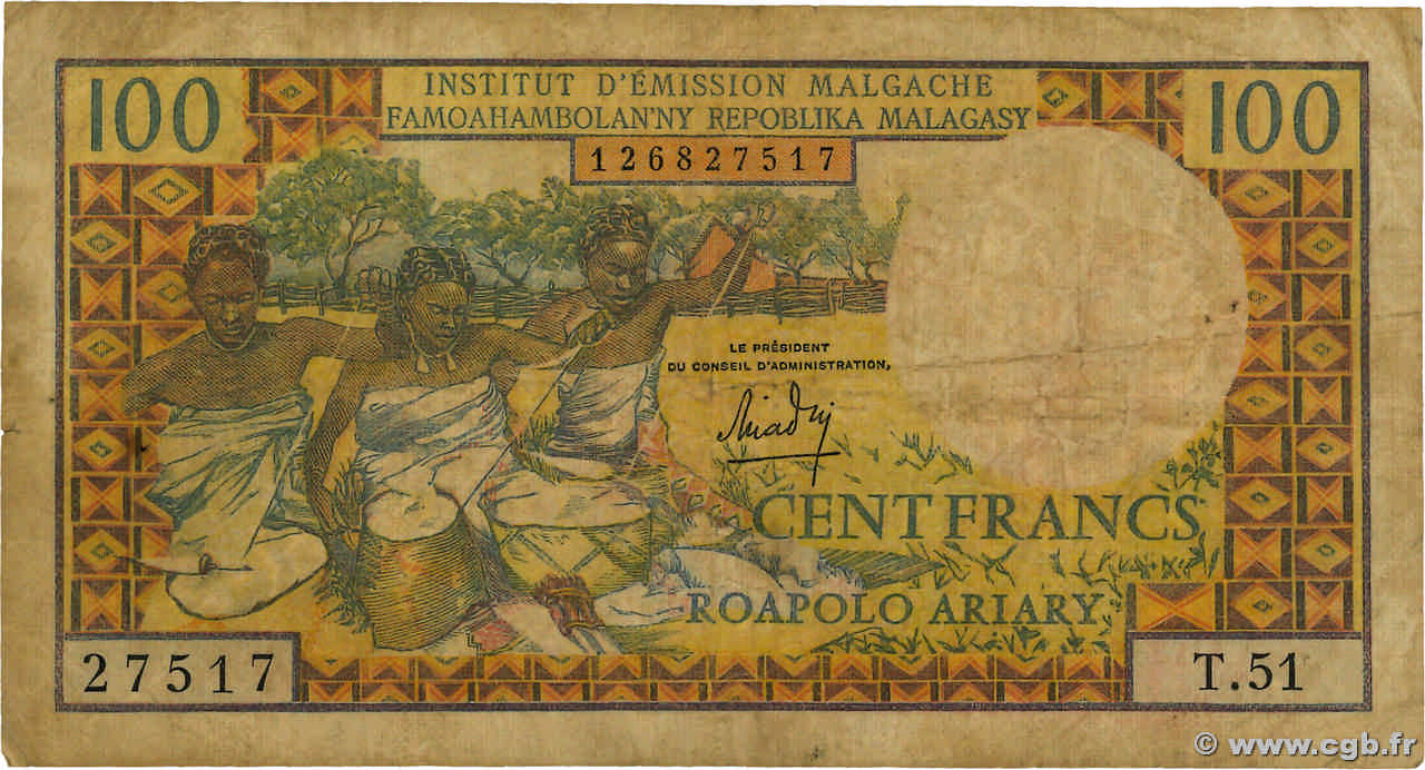 100 Francs - 20 Ariary MADAGASCAR  1966 P.057a B