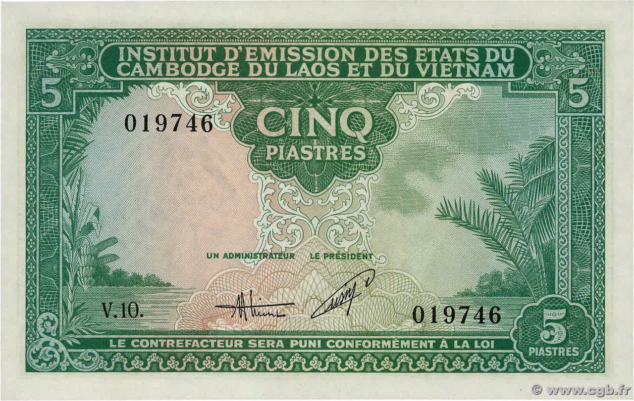 5 Piastres - 5 Dong FRENCH INDOCHINA 1953 P.106 UNC