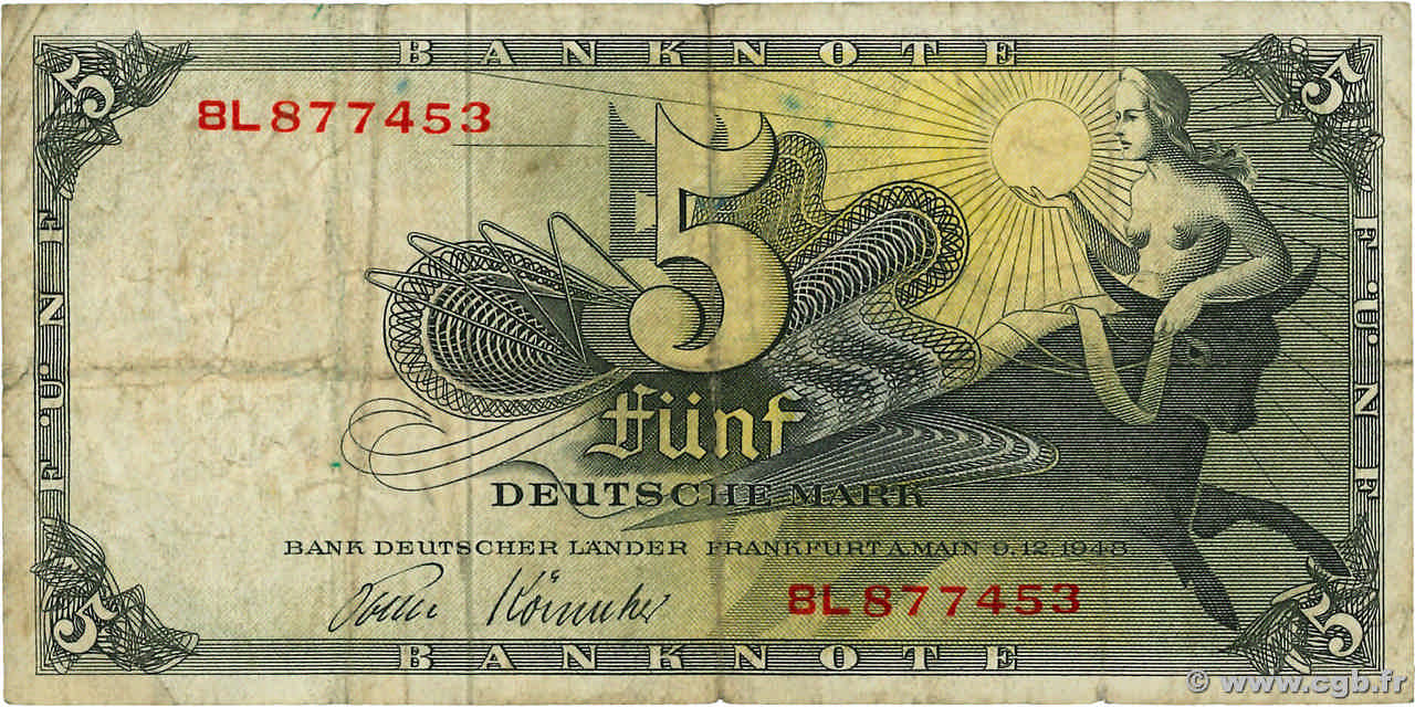 5 Deutsche Mark GERMAN FEDERAL REPUBLIC  1948 P.13i MB