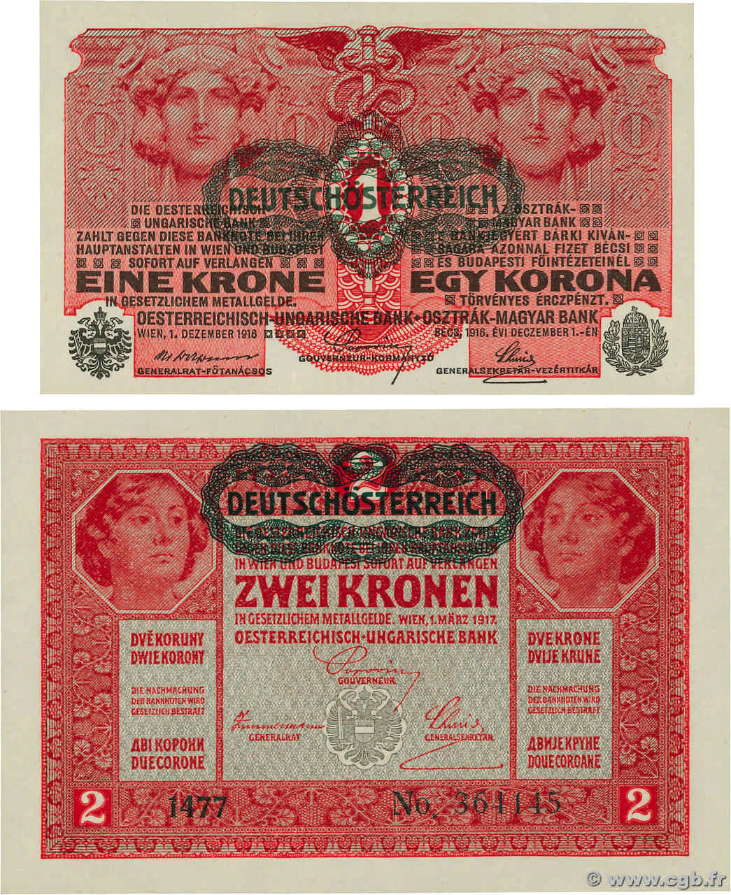 1 et 2 Krone Lot AUSTRIA  1919 P.049 et P.050 FDC