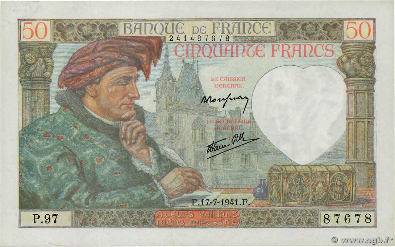 50 Francs JACQUES CŒUR FRANCE  1941 F.19.12 SPL+