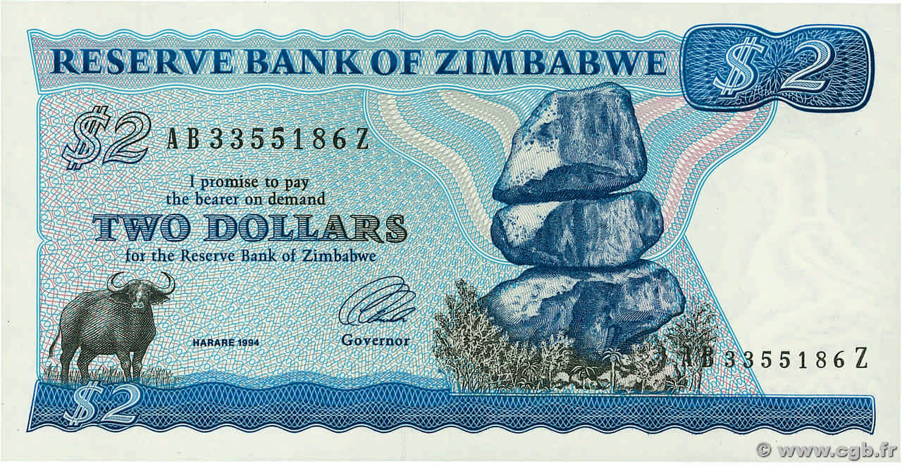 2 Dollars ZIMBABWE  1983 P.01b UNC