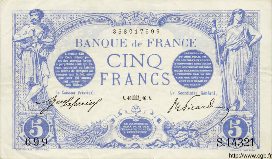 5 Francs BLEU FRANCE  1916 F.02.44 pr.SUP