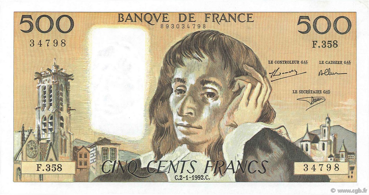500 Francs PASCAL FRANKREICH  1992 F.71.49 fST+
