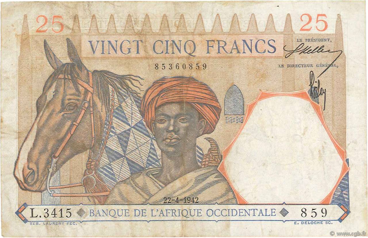25 Francs AFRIQUE OCCIDENTALE FRANÇAISE (1895-1958)  1942 P.27 TTB