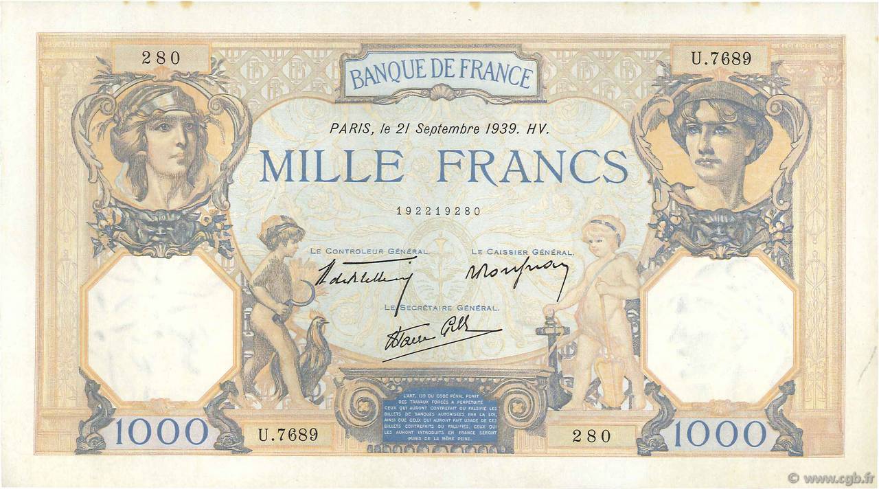 1000 Francs CÉRÈS ET MERCURE type modifié FRANCE  1939 F.38.37 SPL+
