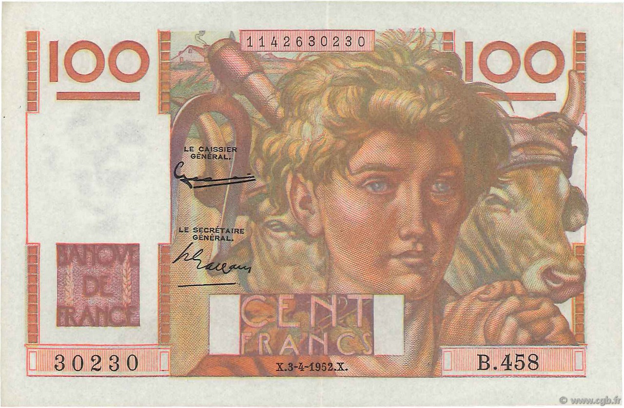 100 Francs JEUNE PAYSAN FRANCIA  1952 F.28.32 SPL+