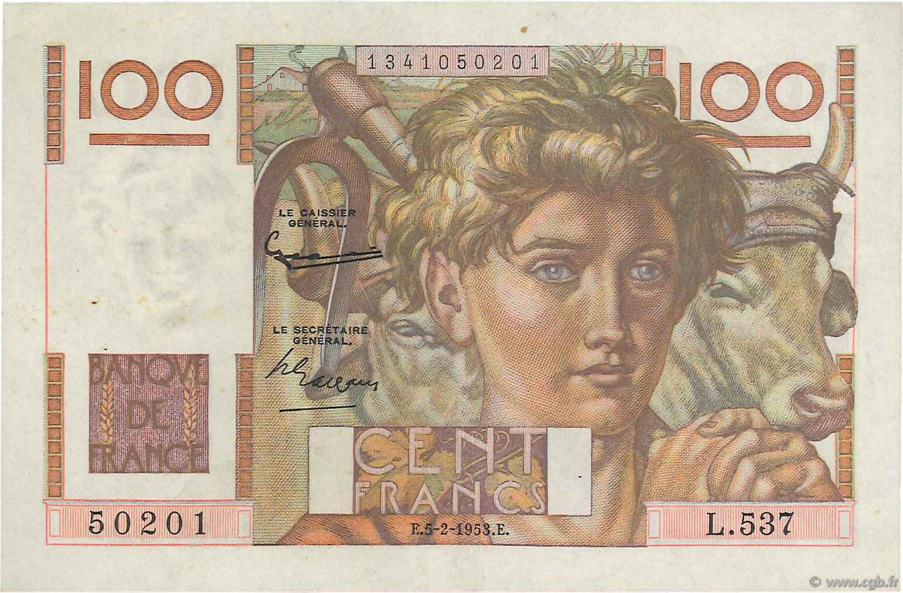 100 Francs JEUNE PAYSAN FRANCIA  1953 F.28.36 EBC