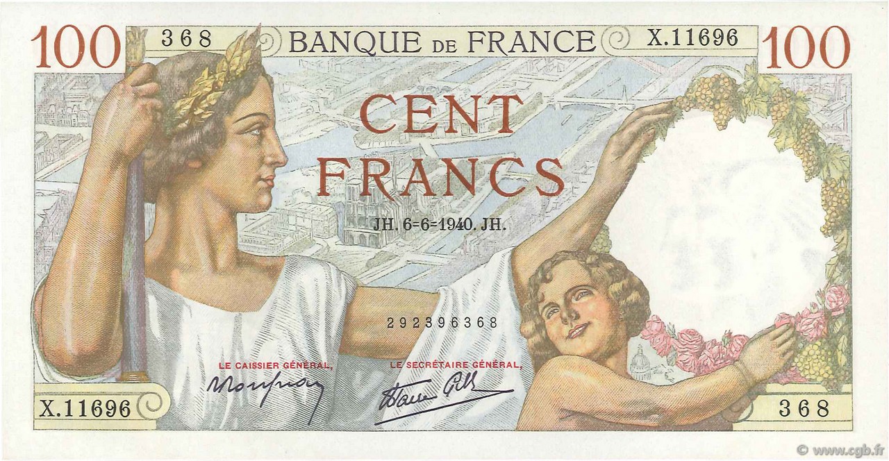 100 Francs SULLY FRANKREICH  1940 F.26.31 fST+