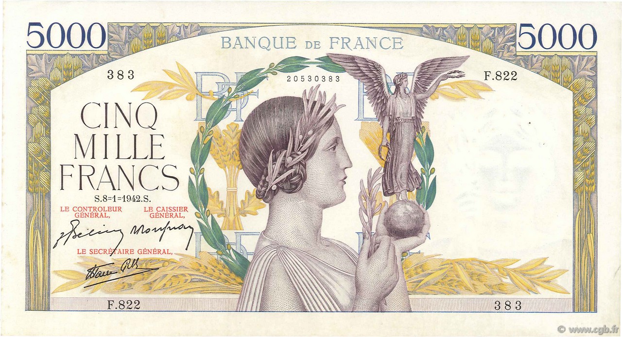 5000 Francs VICTOIRE Impression à plat FRANCIA  1942 F.46.32 EBC