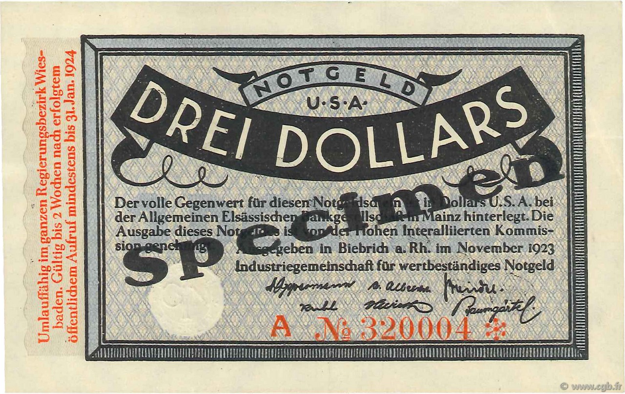 3 Dollars Spécimen DEUTSCHLAND Biebrich 1923 Mul.0420s fST+