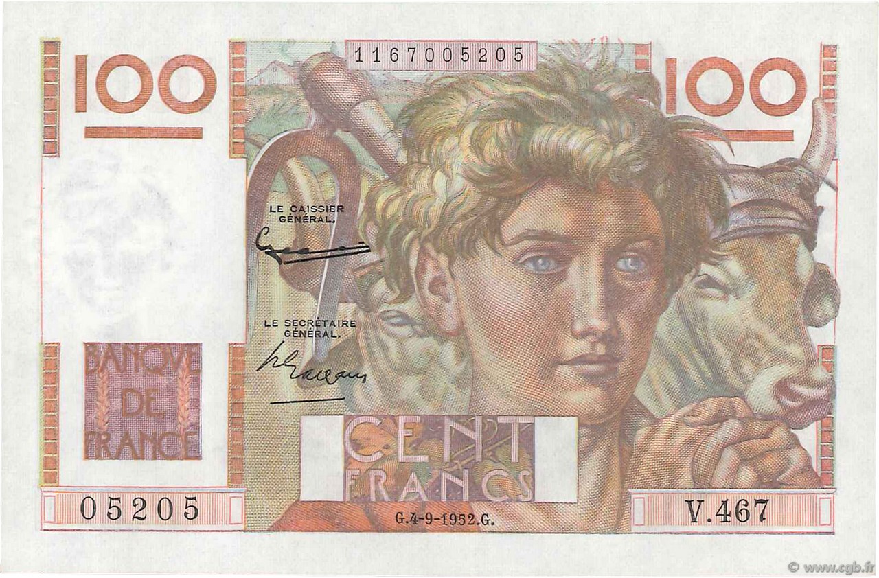 100 Francs JEUNE PAYSAN FRANCE  1952 F.28.33 pr.NEUF