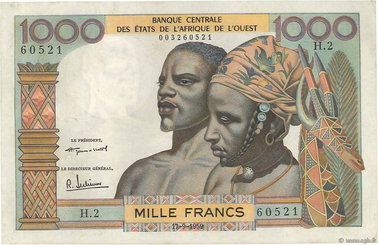 1000 Francs WEST AFRIKANISCHE STAATEN  1959 P.004 fST+