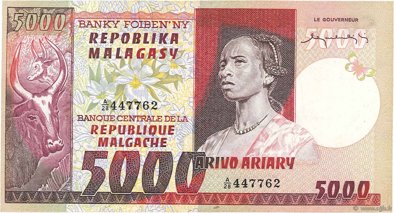 5000 Francs - 1000 Ariary MADAGASCAR  1974 P.066a XF