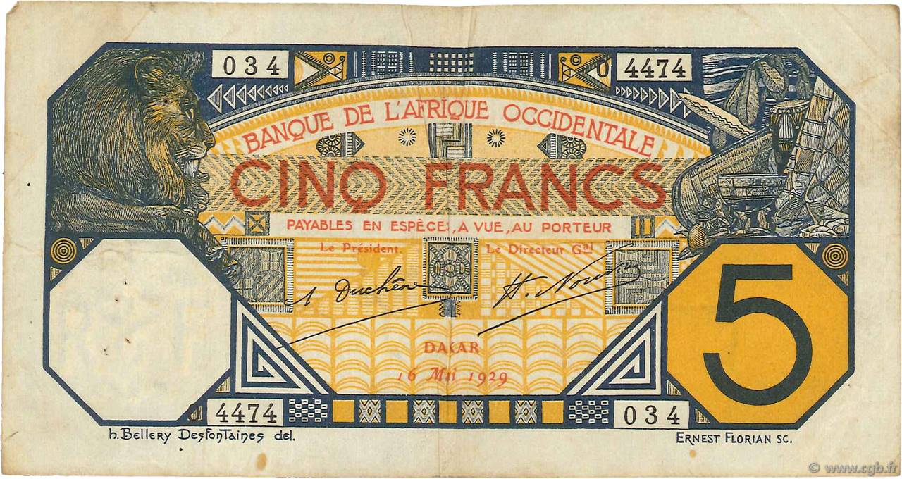5 Francs DAKAR FRENCH WEST AFRICA Dakar 1929 P.05Be fSS