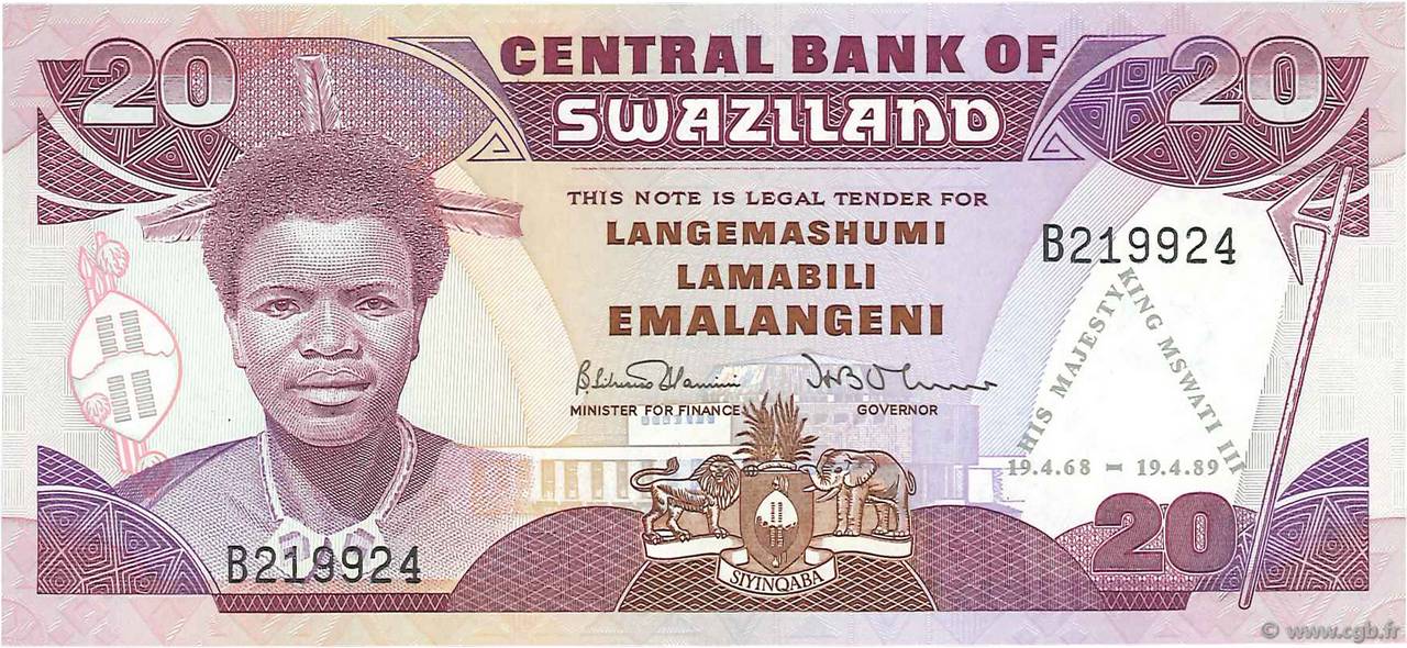 20 Emalangeni Commémoratif SWAZILAND  1989 P.17a UNC