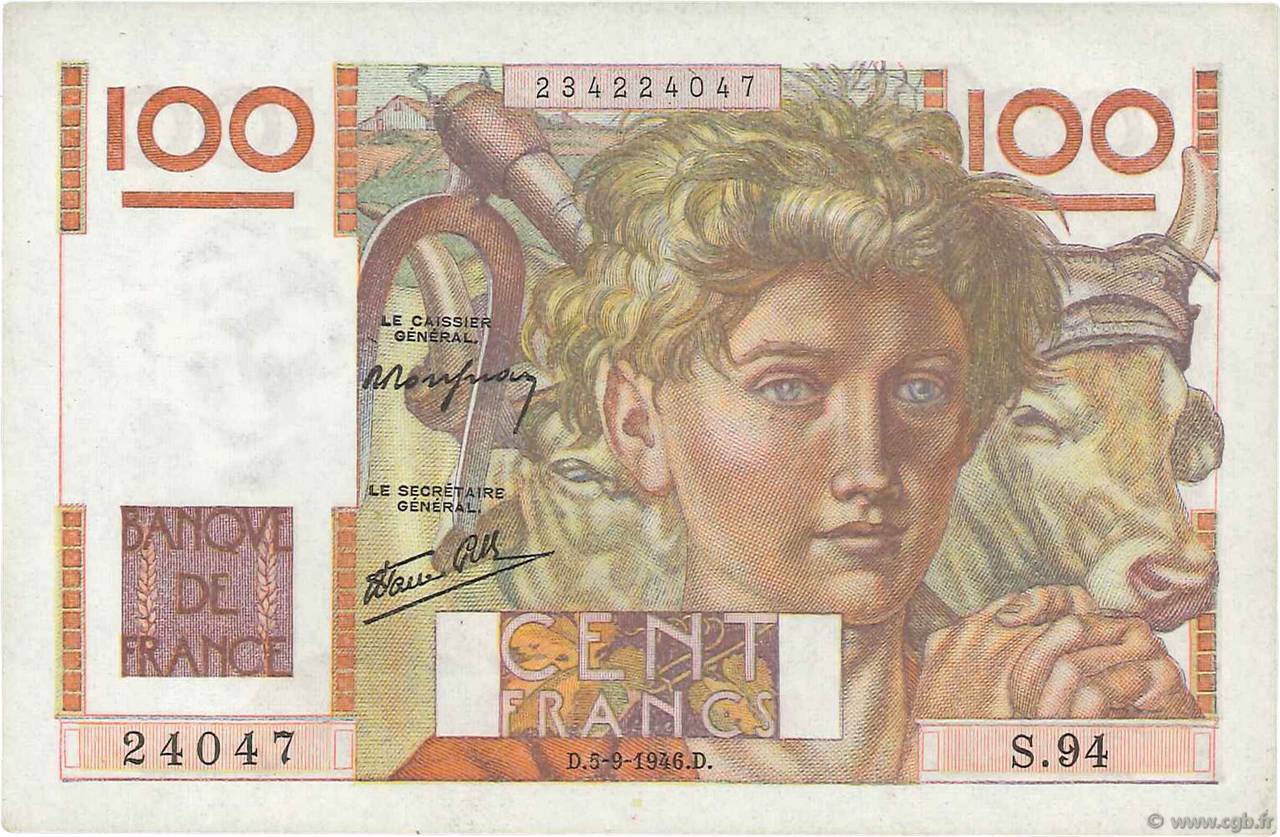 100 Francs JEUNE PAYSAN FRANKREICH  1946 F.28.08 fST