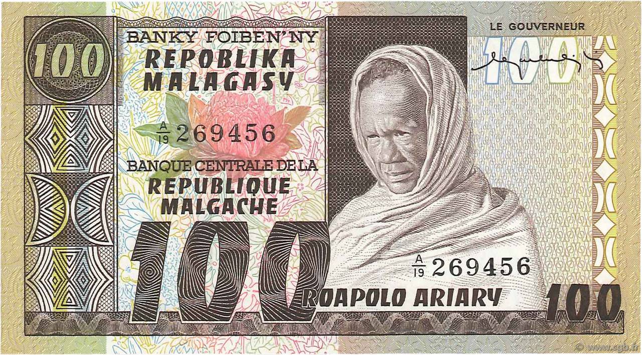 100 Francs - 20 Ariary MADAGASCAR  1974 P.063a UNC