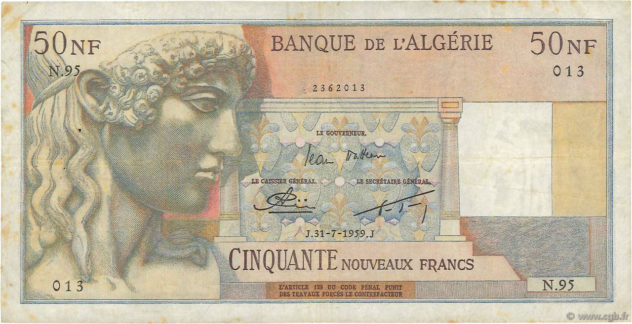 50 Nouveaux Francs ALGÉRIE  1959 P.120a TB+