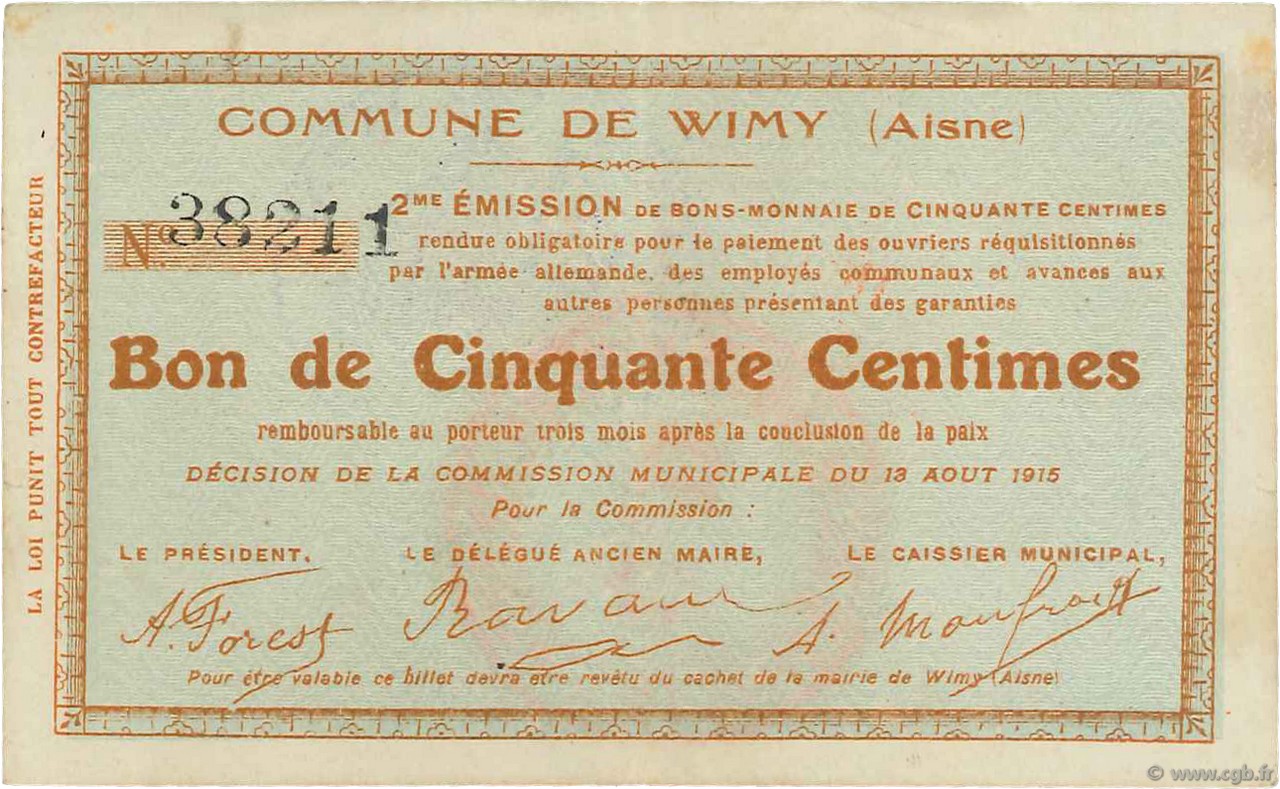 50 Centimes FRANCE régionalisme et divers  1915 JP.02-2465 TTB