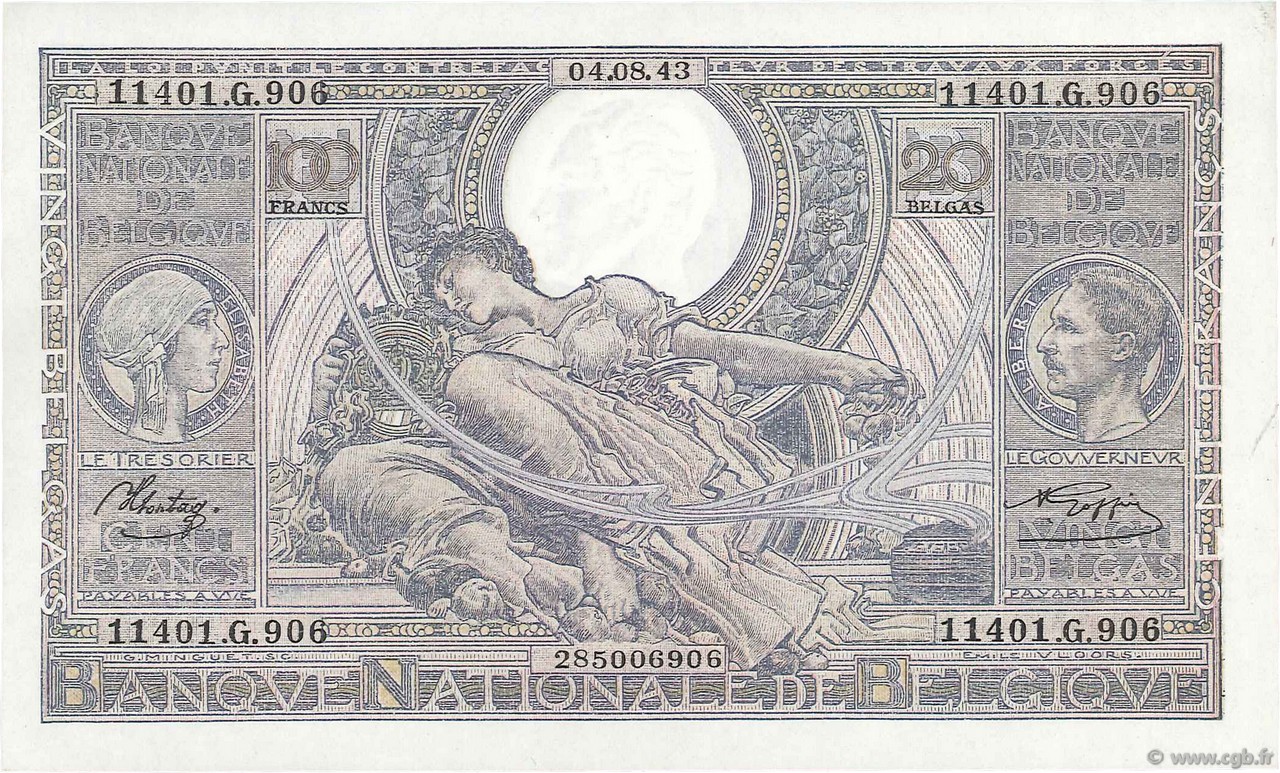 100 Francs - 20 Belgas BÉLGICA  1943 P.112 SC+