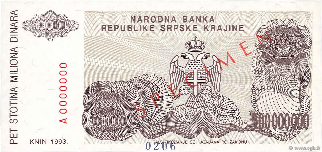 500 000 000 Dinara Spécimen CROATIE  1993 P.R26s NEUF