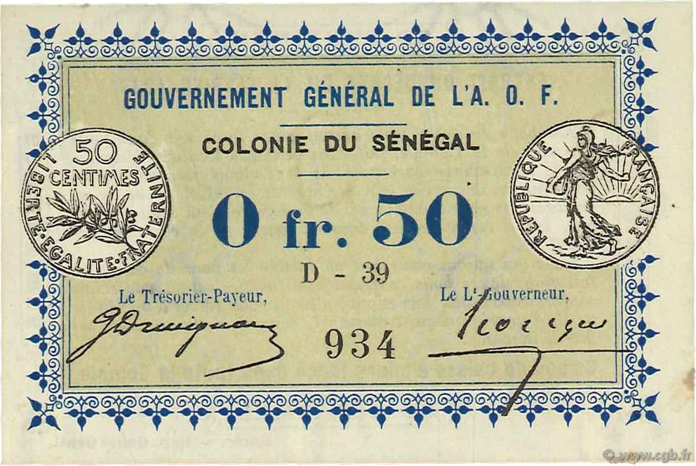 0,50 Franc SENEGAL  1917 P.01b VZ