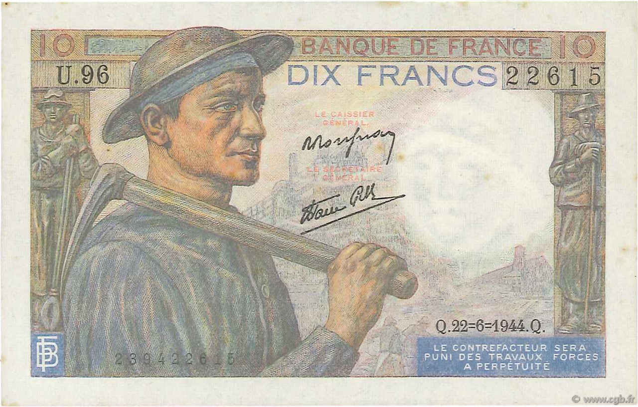 10 Francs MINEUR FRANCE  1944 F.08.12 SPL