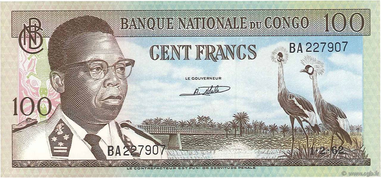 100 Francs CONGO, DEMOCRATIC REPUBLIC  1962 P.006a XF - AU