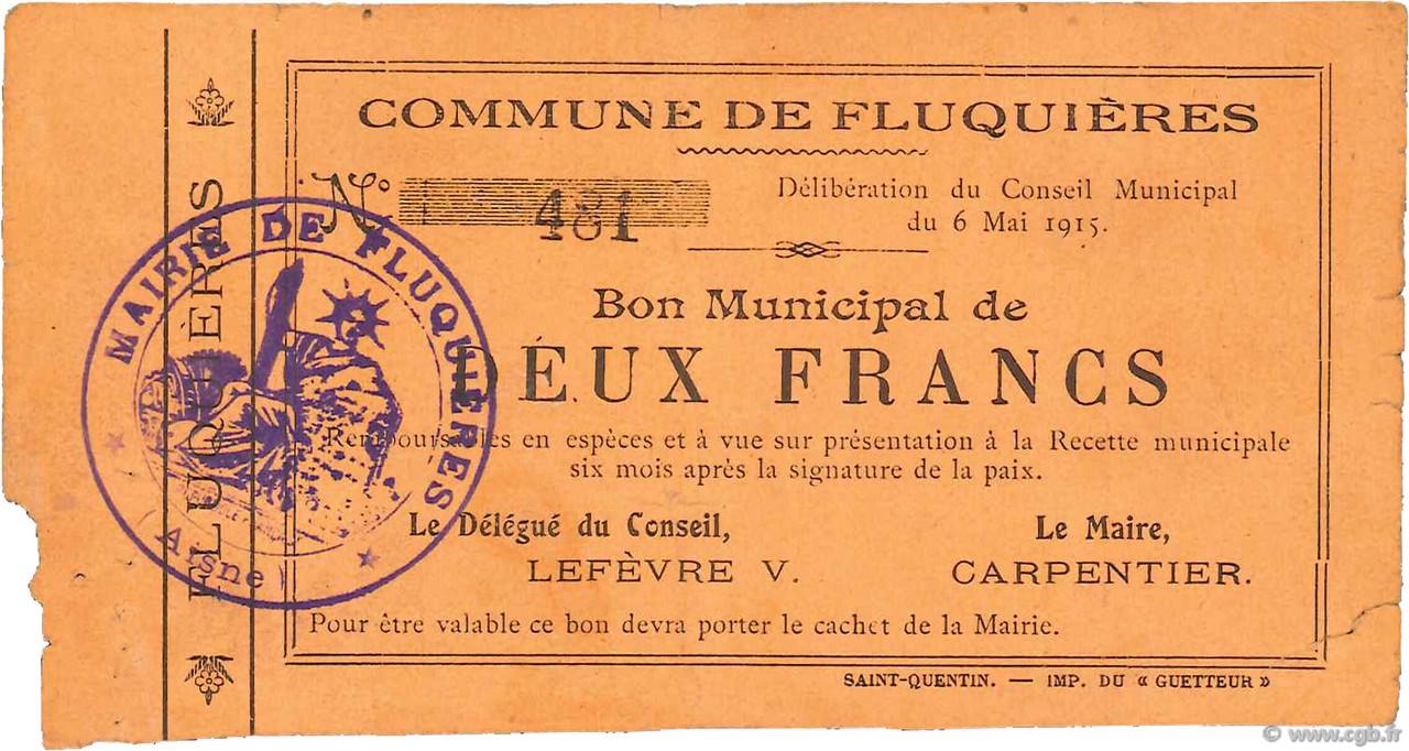 2 Francs FRANCE regionalismo y varios  1915 JP.02-0905 MBC