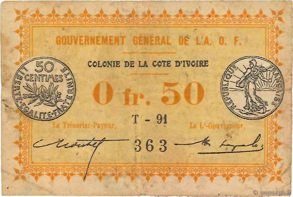 0,50 Franc COSTA D AVORIO  1917 P.01b q.BB