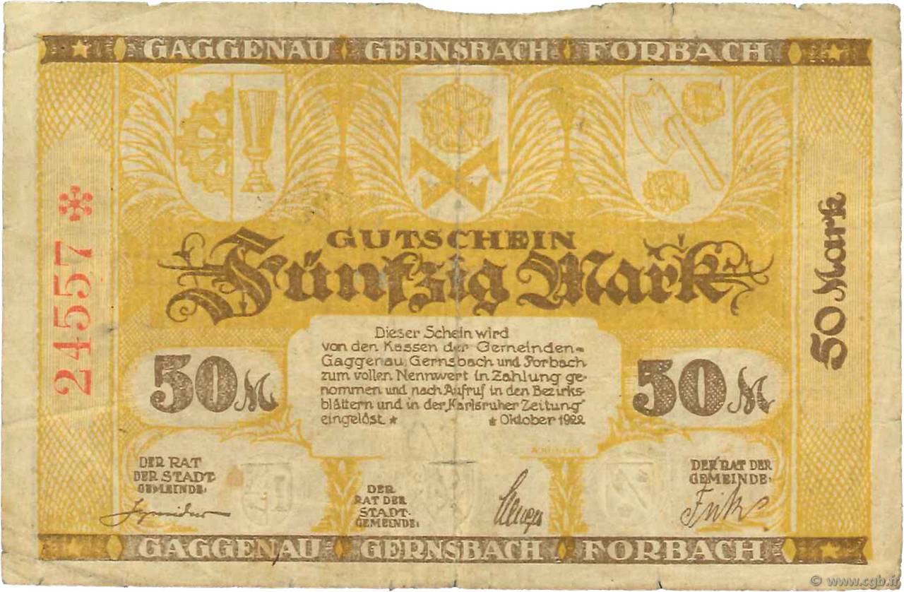 50 Mark GERMANY Gaggenau-Gernsbah-Forbach 1922  F