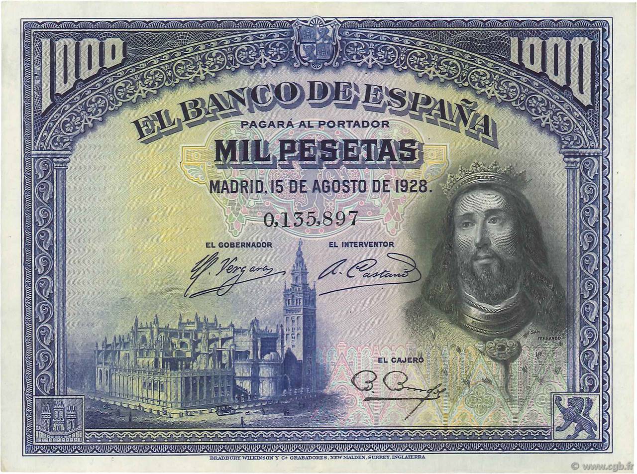 1000 Pesetas SPAIN  1928 P.078a XF - AU