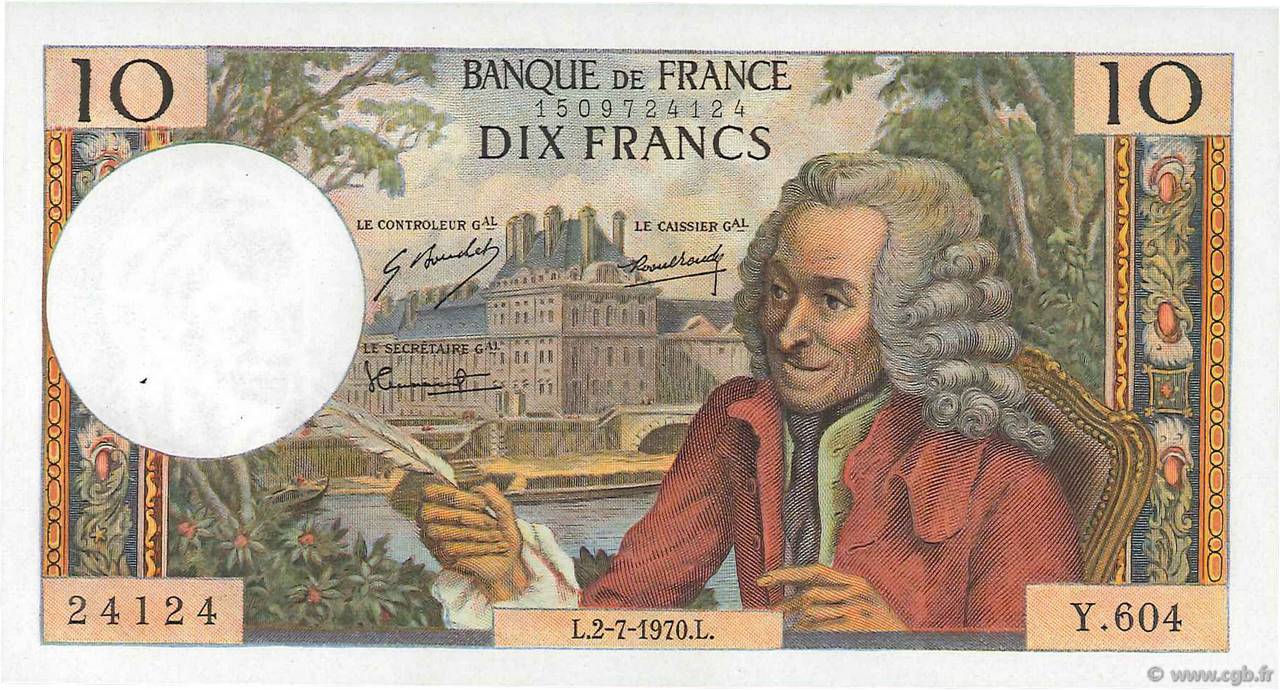 10 Francs VOLTAIRE FRANCE  1970 F.62.45 AU-