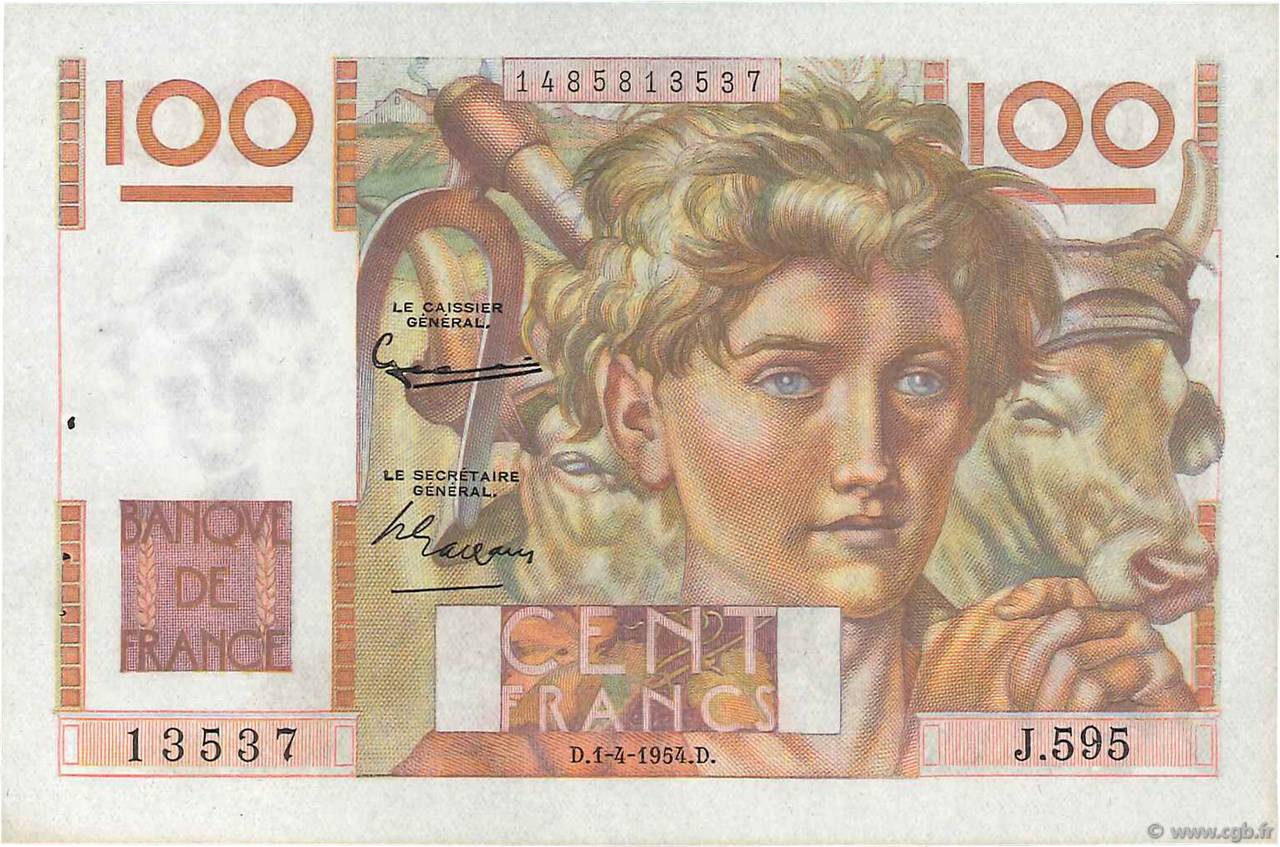 100 Francs JEUNE PAYSAN FRANCE  1954 F.28.43 SUP à SPL