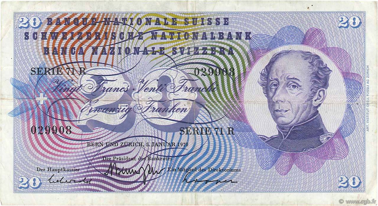 20 Francs SUISSE  1970 P.46r BB