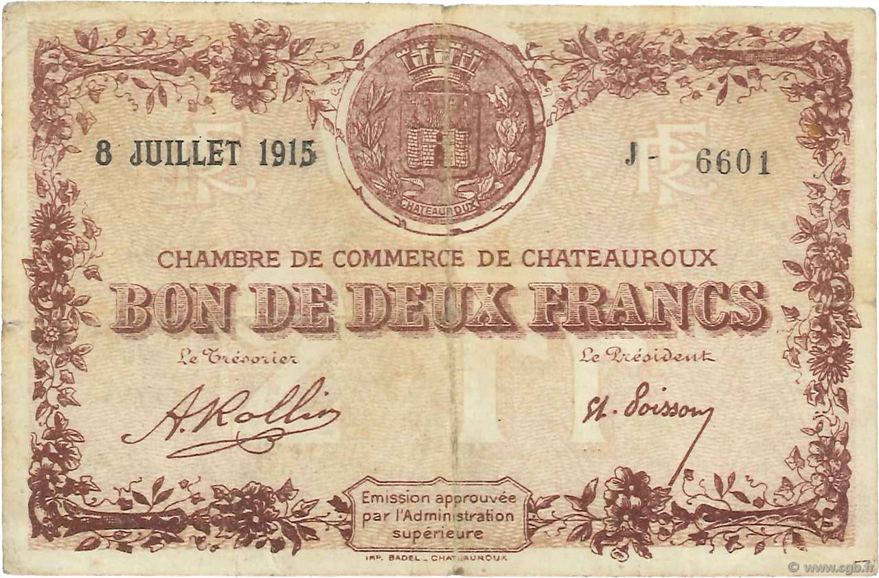 2 Francs FRANCE régionalisme et divers Chateauroux 1915 JP.046.09 TB
