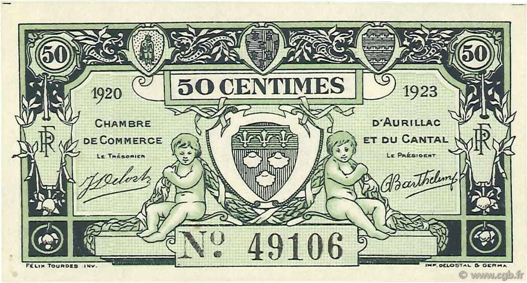 50 Centimes FRANCE régionalisme et divers Aurillac 1920 JP.016.14 SPL