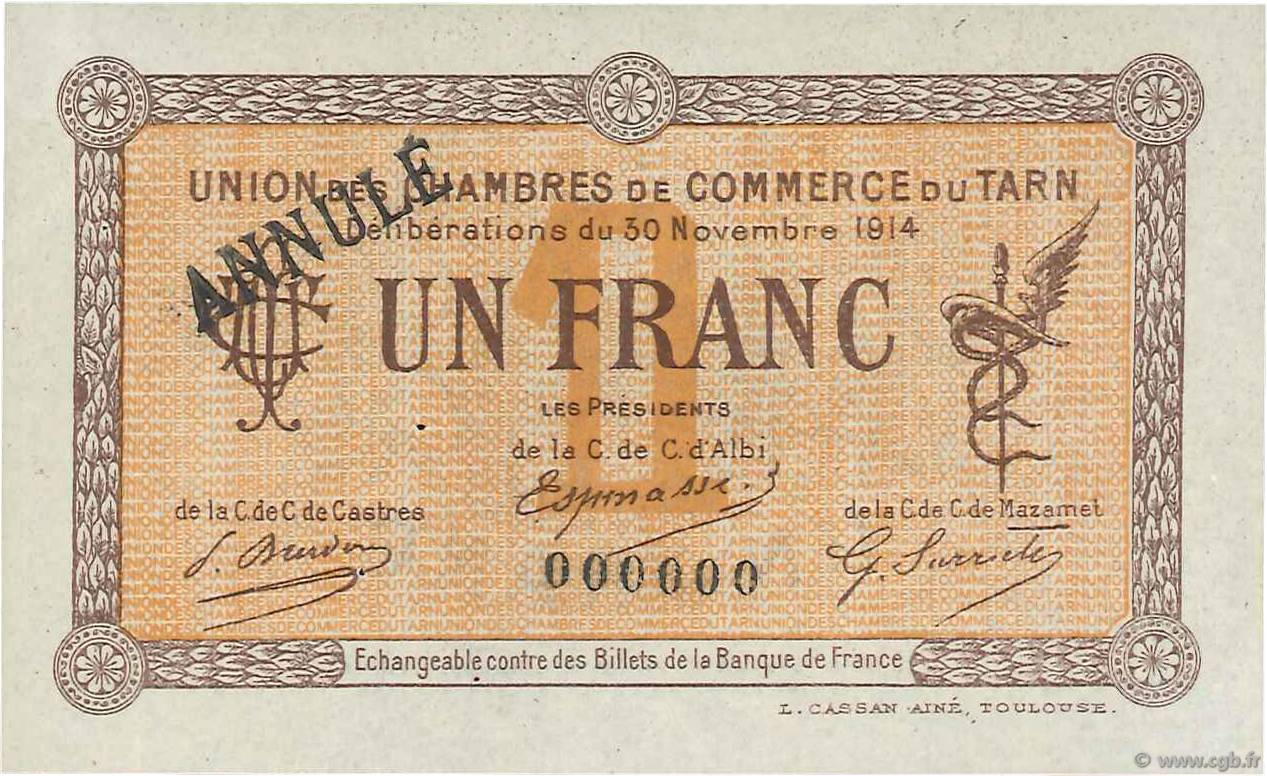 1 Franc Annulé FRANCE regionalism and miscellaneous Albi - Castres - Mazamet 1914 JP.005.06 XF