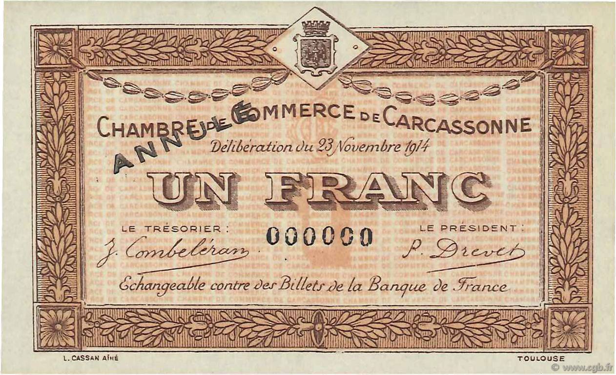 1 Franc Annulé FRANCE regionalismo y varios Carcassonne 1914 JP.038.08 FDC