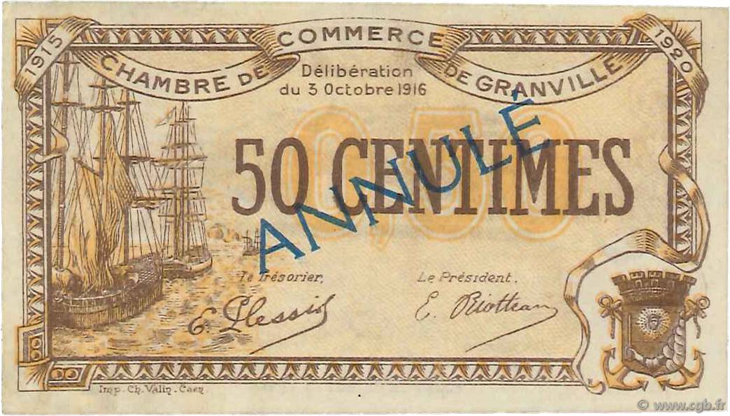 50 Centimes Annulé FRANCE Regionalismus und verschiedenen Granville 1916 JP.060.08 SS to VZ