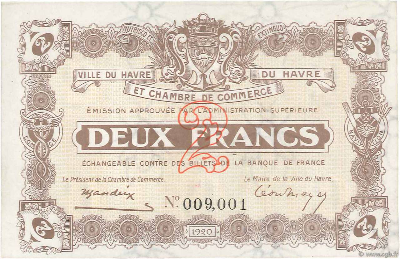 2 Francs FRANCE regionalismo y varios Le Havre 1920 JP.068.24 SC