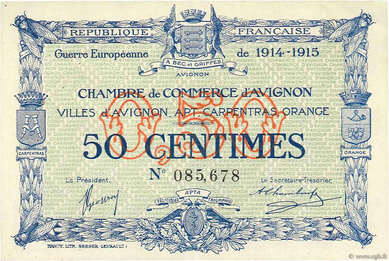 50 Centimes FRANCE regionalismo y varios Avignon 1915 JP.018.01 SC+