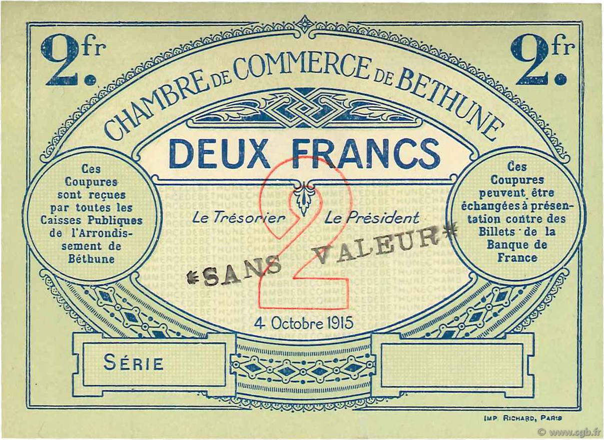 2 Francs Spécimen FRANCE regionalismo e varie Béthune 1915 JP.026.12 q.FDC