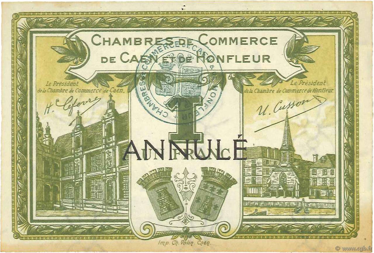 1 Franc Annulé FRANCE régionalisme et divers Caen et Honfleur 1920 JP.034.15 SUP