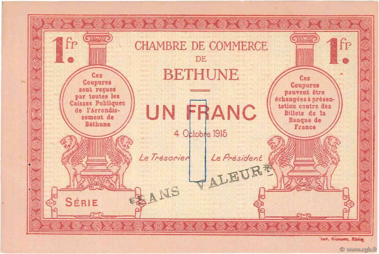 1 Franc Spécimen FRANCE regionalism and miscellaneous Béthune 1915 JP.026.07 VF - XF