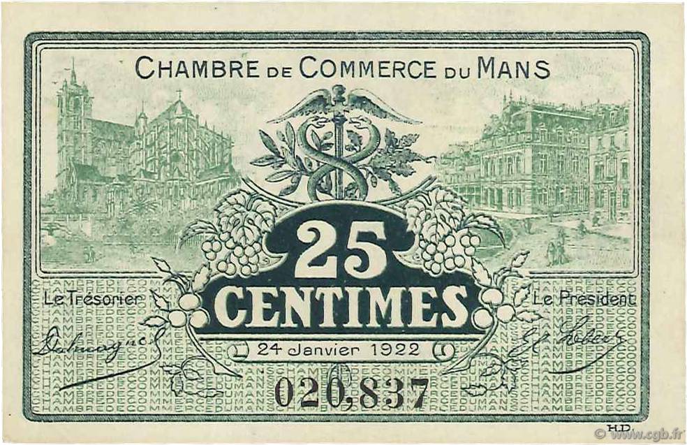 25 Centimes FRANCE régionalisme et divers Le Mans 1922 JP.069.20 NEUF