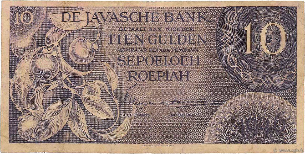 10 Gulden NETHERLANDS INDIES  1946 P.090 F