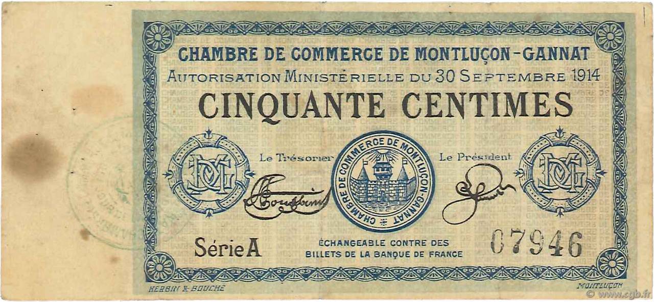50 Centimes FRANCE regionalismo y varios Montluçon, Gannat 1914 JP.084.01 BC